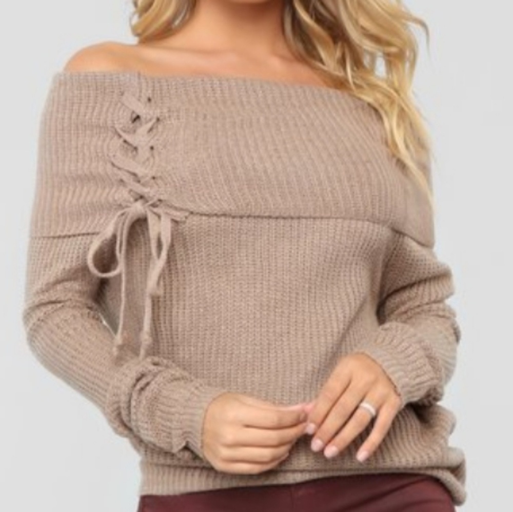 Tie me down off shoulder sweater (Fashion Nova)